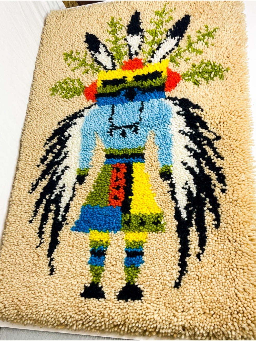 Vintage Hooked Rug Colourful Folk Art Figure Wall Hanging